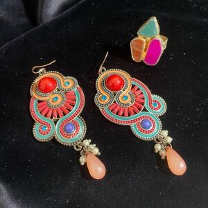 All for one price: Earrings, ring and Bracelet with Red and Orange Accents